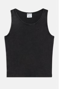 Camiseta sin mangas negra con escote redondo, pequeño logo de Champion en el pecho izquierdo y etiqueta de tamaño dentro del cuello.