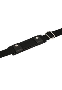 Black nylon strap with a leather center section, featuring silver hardware and two snap buttons for secure adjustments. Durable and practical design.
