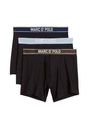 Tres bóxers negros con cinturillas elásticas en azul marino, azul claro y marrón, cada uno con la marca "MARC O' POLO" en texto blanco.
