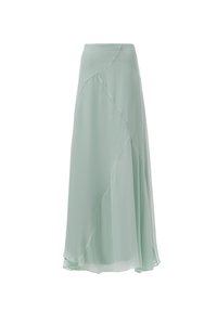 Een vloeiende, knielange rok van licht mintgroene chiffon, met een diagonale naadpatroon en een zachte, gladde textuur.