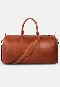 Brown leather duffel bag with two top handles and a removable shoulder strap. Features minimalist design, smooth texture, and stitched accents.