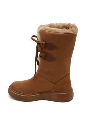 Brown suede ankle boots featuring faux fur trim, lace-up detailing with decorative accents, and a rubber sole for added grip.