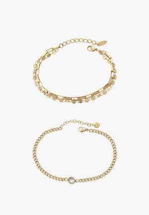 Armreifen in Goldoptik mit einem gestuften Design aus Gliedern und runden Akzenten, darunter einer mit einem zentralen klaren Edelstein.