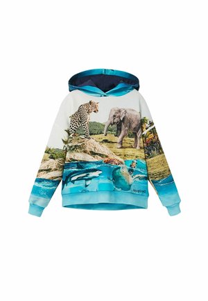 Sudadera con capucha con un vibrante estampado de animales, que incluye un leopardo, un elefante y criaturas marinas. Acentos azules y textura de tela suave.