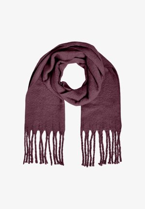 Burgundska šal iz mehkega, strukturiranega blaga, z zavitimi resicami na obeh koncih, oblikovan v zanke.