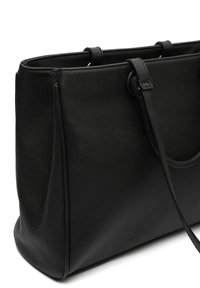 Black leather tote bag with a smooth texture, structured design, dual handles, and subtle stitching details along the sides.