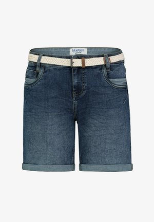 Denim shorts in dark blue with rolled hems, five pockets, and a woven white belt. Features subtle fading and contrast stitching.