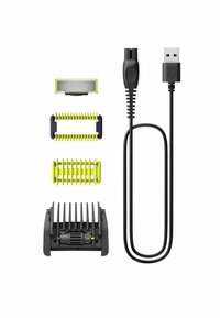Hair trimmer set includes a black base with yellow accents, multiple guard attachments in green, and a USB charging cable.