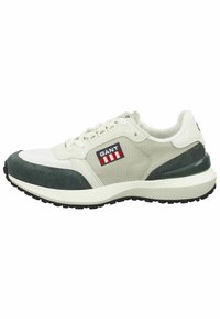 Men's sneakers with a mesh and suede upper in beige and dark green, featuring a white rubber sole, lace-up design, and GANT logo.