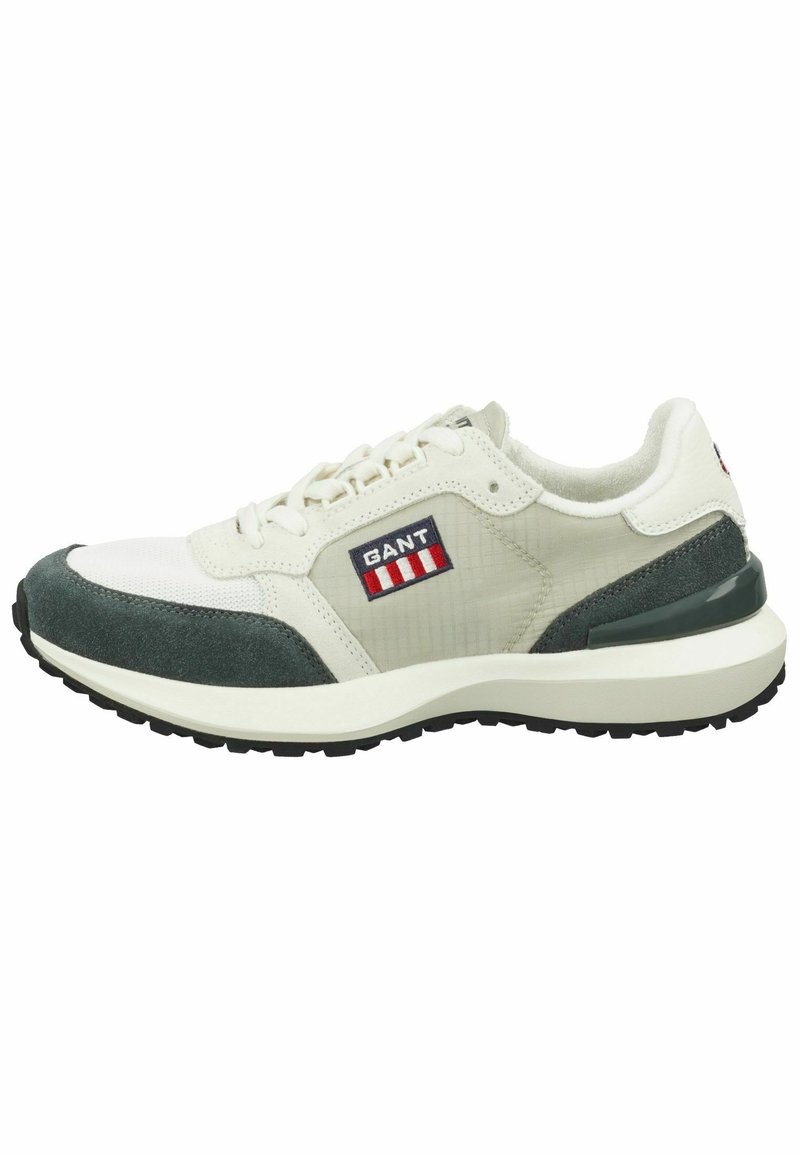 Men's sneakers with a mesh and suede upper in beige and dark green, featuring a white rubber sole, lace-up design, and GANT logo.