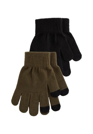 Due paia di guanti di maglia: uno nero e uno verde oliva. Ogni paio ha polsini a coste e punte nere in contrasto sulle dita indice e pollice.