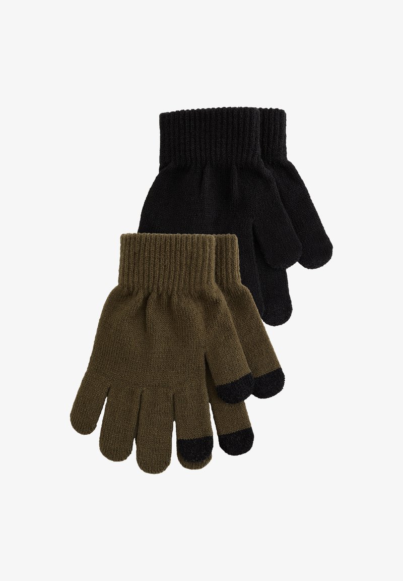 Divas pārī adītu cimdi: vieni melni un otrie olīvzaļi. Katram pārim ir ribotas aproces un kontrastējoši melni gali rādītājpirksta un īkšķa.