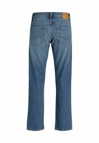 Blå denimjeans med rak benpassform, med en vävd textur, två bakfickor och en rektangulär läderetikett i tanfärg på midjan.
