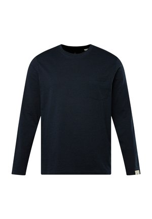 T-shirt a maniche lunghe colore navy in cotone, con scollatura rotonda, taschino sul petto e una texture semplice e liscia. Nessun motivo visibile.