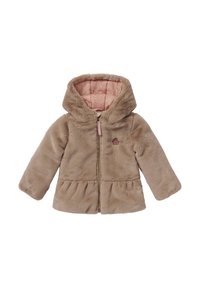 Faux-Fur-Jacke in hellbraun mit pinkem Innenfutter, Kapuze, Reißverschluss und Peplum-Taille, mit kleinem Logo auf der Brust.