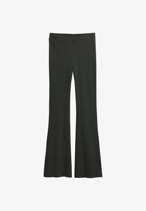 Pantalon évasé côtelé couleur charbon avec une large taille. Confectionné dans un tissu extensible pour une silhouette ajustée, s'élargissant au niveau de l'ourlet.