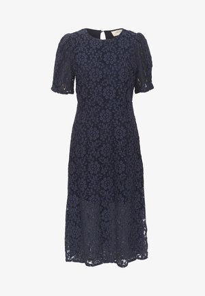 Morska čipkasta haljina s cvjetnim uzorakom, kratkim napuhanim rukavima i okruglim izrezom. Ima otvor na leđima i midi dužinu.