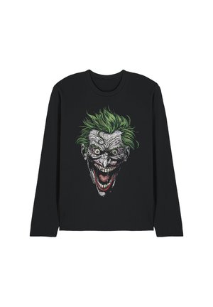 Schwarzes Langarmshirt mit einer detaillierten Grafik eines grinsenden, bedrohlichen Gesichts mit grünen Haaren, blasser Haut und großen Augen.