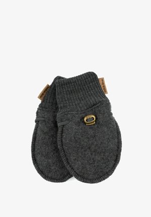 Pelēkas vilnas cimdi ar ribotu adītu apkakli, ar mazu misiņa akcentu un auduma etiķeti. Tie ir ar mīkstu, struktūrētu apdari.