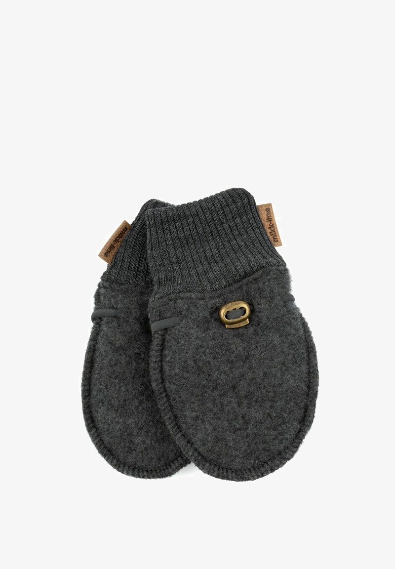 Šedé vlněné rukavice s pružným pleteným manžetou, které mají malý mosazný akcent a textilní štítek. Mají měkký, strukturovaný povrch.