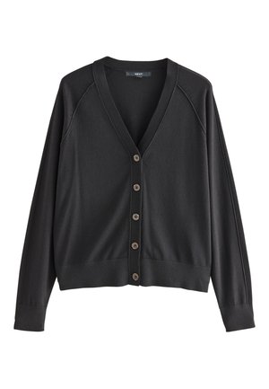 Fekete hosszú ujjú kardigán V-nyakkivágással, öt gombbal elöl, bordázott mandzsettával és szegéllyel, fehér háttér előtt laposan elhelyezve.