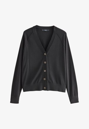 Čierny kardigán s dlhým rukávom a výstrihom do V, s piatimi prednými gombíkmi, rebrované manžety a lem, zobrazený na bielom pozadí.