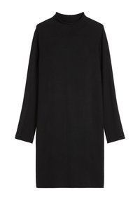 Schwarzes Langarmkleid mit hohem Kragen, gefertigt aus glattem Stoff. Das Design zeichnet sich durch einen geraden Schnitt und Seitenschlitze am Saum aus.