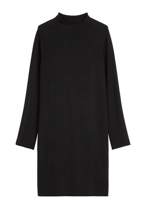 Schwarzes Langarmkleid mit hohem Kragen, gefertigt aus glattem Stoff. Das Design zeichnet sich durch einen geraden Schnitt und Seitenschlitze am Saum aus.