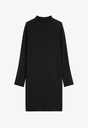 Schwarzes Langarmkleid mit hohem Kragen, gefertigt aus glattem Stoff. Das Design zeichnet sich durch einen geraden Schnitt und Seitenschlitze am Saum aus.