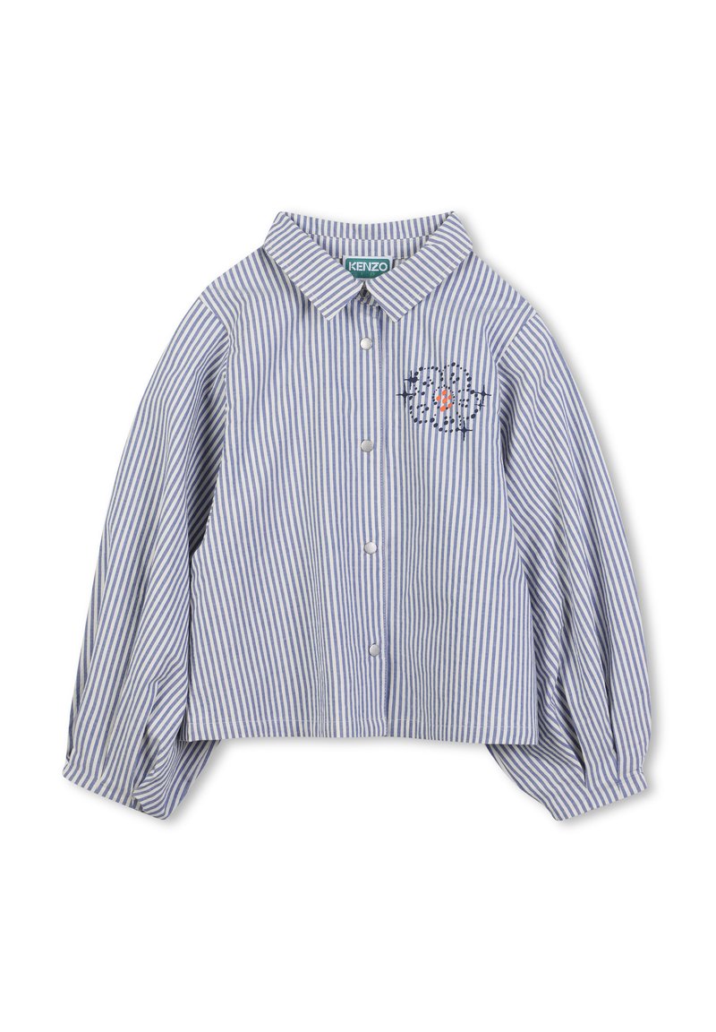 Chemisier court rayé bleu et blanc avec boutons à l'avant, col pointu et manches bouffantes. Présente un motif brodé sur la poitrine.