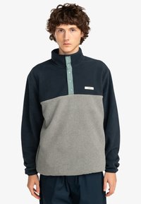 Fleece-pullover i mörk marinblått och ljusgrått med hög krage, tryckknappsplacket och en liten varumärkesetikett på bröstet. Mjuk textur.