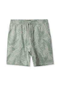Pantaloni corti verde chiaro con un motivo di foglie tropicali, cintura elasticizzata, tasche laterali e una texture liscia e morbida.