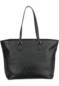 Sac fourre-tout noir en cuir texturé. Équipé de deux poignées et d'un logo embossé "JOOP! JEANS" à l'avant. Design simple et ouvert.