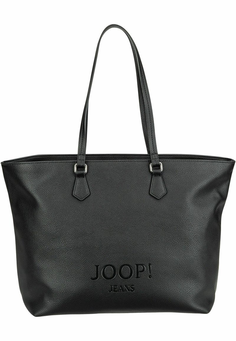 Sac fourre-tout noir en cuir texturé. Équipé de deux poignées et d'un logo embossé "JOOP! JEANS" à l'avant. Design simple et ouvert.