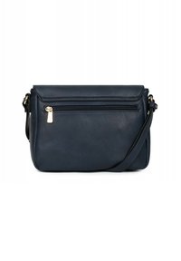 Borsa a tracolla in pelle blu navy con finitura testurizzata, dotata di una tasca frontale con zip, hardware dorato e una tracolla regolabile.