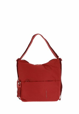 Borsa a spalla in tessuto rosso con finitura testurizzata, dotata di chiusura con zip e tasca esterna. Cinghia regolabile per la comodità di trasporto.