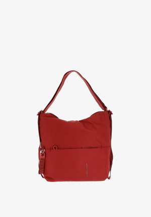 Sac à épaule en tissu rouge avec une finition texturée, doté d'une fermeture éclair et d'une poche externe. Bandoulière ajustable pour un transport pratique.