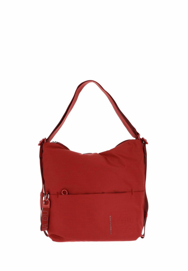 Sac à épaule en tissu rouge avec une finition texturée, doté d'une fermeture éclair et d'une poche externe. Bandoulière ajustable pour un transport pratique.