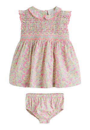 Florales Kleid und passendes Höschen-Set aus weicher Baumwolle. Heller Hintergrund mit kleinen rosa und grünen Blumen. Mit Raffung am Oberteil und gerafften Ärmeln.