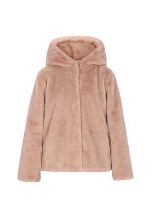 Chaqueta de pelo sintético beige con capucha, de textura suave, mangas largas y cierre frontal con cremallera, que presenta un aspecto liso y acogedor.