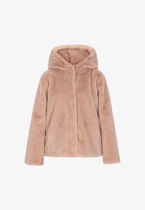 Veste en fausse fourrure beige à capuche avec une texture douce, des manches longues et une fermeture éclair à l'avant, présentant un aspect lisse et confortable.