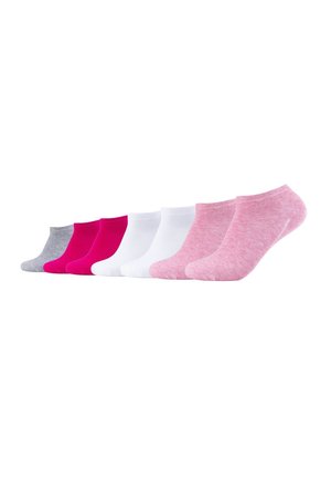 Sieben Paare niedrig geschnittener Socken in Grau, Pink, Weiß und Magenta, in einer Reihe auf einem weißen Hintergrund angeordnet.