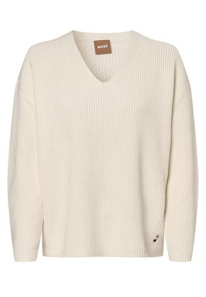 Cream-colored, knitted V-neck sweater with long sleeves and a small brown "BOSS" label at the neckline and hem.