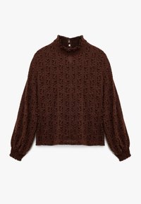 Ruskea kuvioitu neulepaita, jossa on korkea kaulus, teksturoitu kangas, pitkät palloselkäiset hihat ja lyhyt helma.