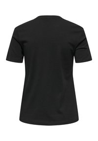 Camiseta de algodón negra, de manga corta, con cuello redondo, textura suave, diseño liso, sin logotipos ni patrones visibles, vista posterior.