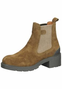Braune Wildleder-Stiefelette mit elastischen Seitenpaneelen. Besitzt einen klobigen grauen Gummiabsatz und strukturierte Stoffeinsätze. Glatte Oberfläche.