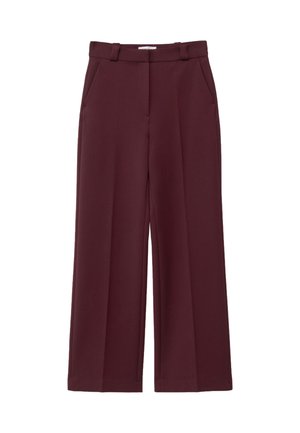 Burgundy wide-leg trousers with a smooth, textured fabric, featuring two side pockets and a high-waisted design.