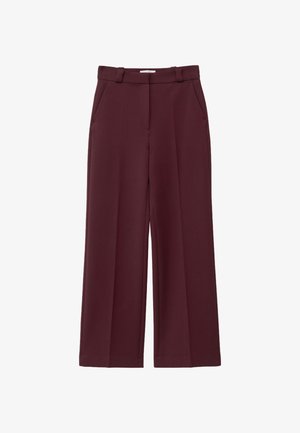 Burgundy wide-leg trousers with a smooth, textured fabric, featuring two side pockets and a high-waisted design.