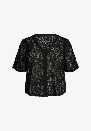 Černá krátká krajková halenka s květinovým vzorem, výstřihem do V, zapínáním na knoflíky vpředu a mírně nafouklými rukávy.