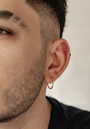 Goldene Creolen sind sichtbar, eine im Ohrläppchen und eine im oberen Ohr, vor dem Hintergrund von kurz geschorenem Haar.
